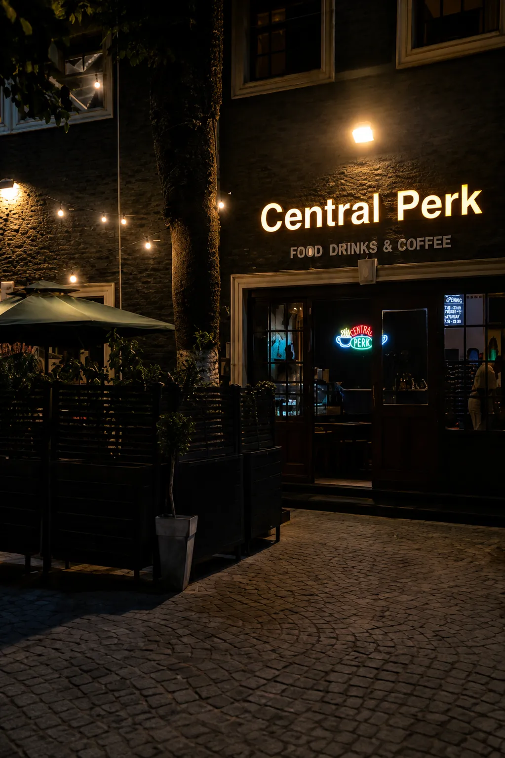 La devanture éclairée du restaurant Central Perk