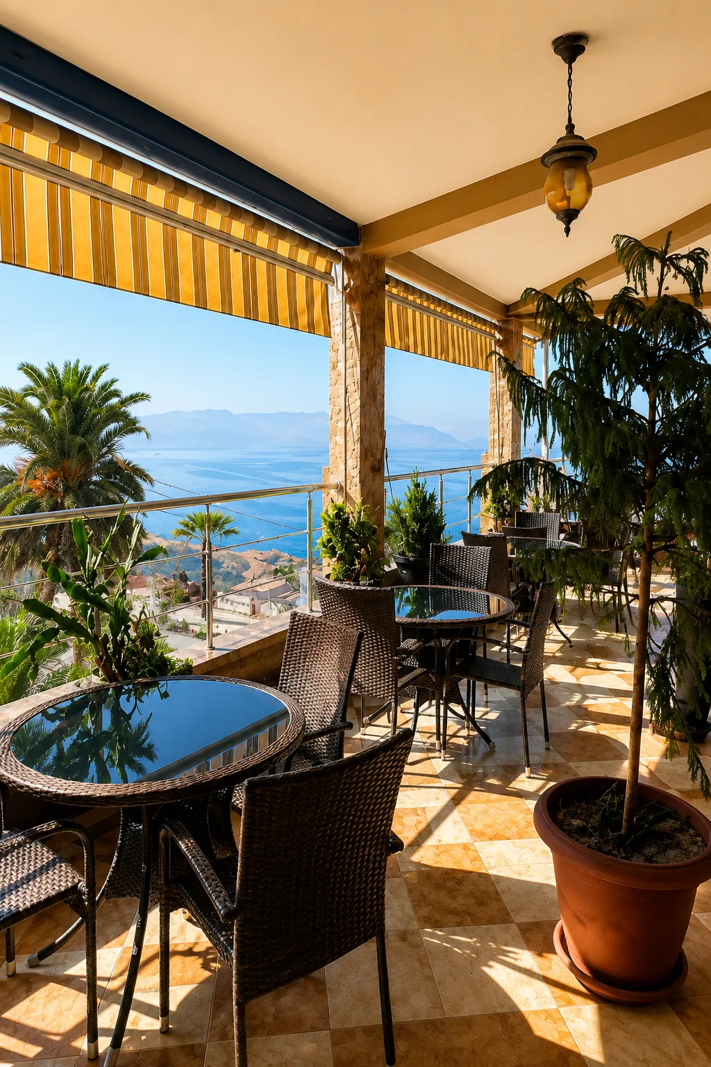 La terrasse panoramique du restaurant Le Voile Bleu face à la mer